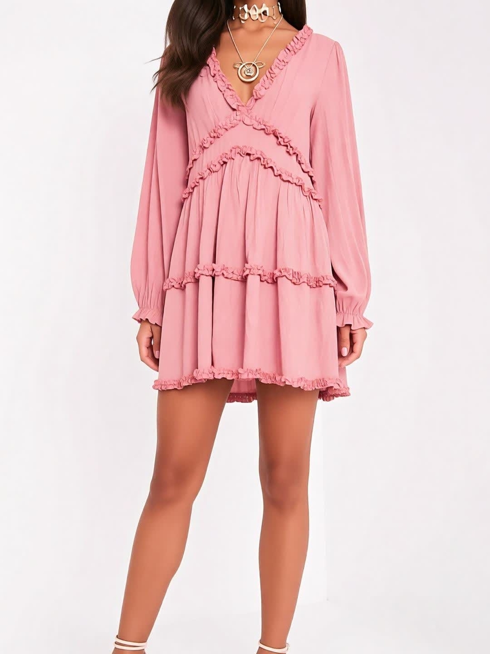 NWT Francesca's Collections Dusty Pink Ruffle Tiered V-Neck Mini Dress